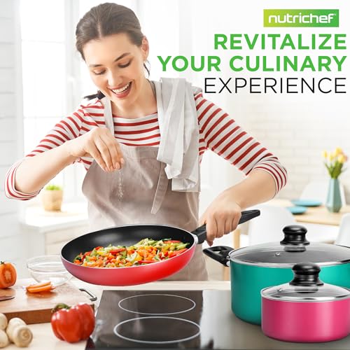 NutriChef 15-Piece Non Stick Kitchen Cookware Set PFOA/PFOS-Free, Colorful Heat Resistant Lacquer w/Saucepot, Frying Pans, Oven Pot, Lids, 5 Utensil - NCCWCOR15
