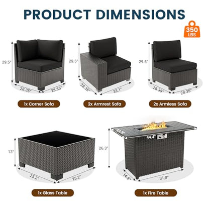 VONZOY 7 Piece Patio Furniture Set with Fire Pit Table, Outdoor Sectional Conversation Sets Black Wicker Rattan Sofa with Coffee Table for Patio Garden Backyard, 4'' Thickened Cushion Black