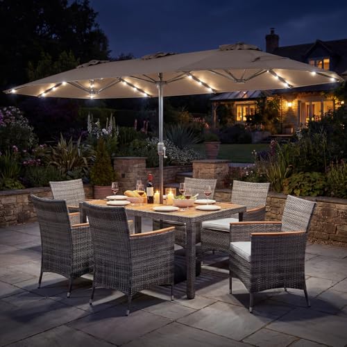 Tangkula 9 Pieces Rattan Outdoor Dining Set with 13Ft Solar Patio Umbrella for 6, Outdoor Wicker Table Set with 8 Cushioned Chairs, Acacia Wood Top, Outdoor Umbrella with Base Included