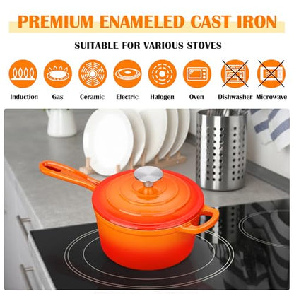 E-far Enameled Cast Iron Sauce Pan with Lid, 1 Quart Dutch Oven Saucepan, Mini Sauce Pot for Cooking, Boiling, Healthy & Non Toxic, Induction & Oven Safe, Orange