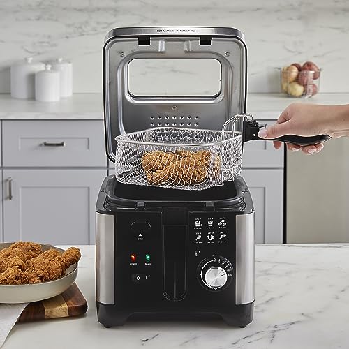 West Bend Deep Fryer with Adjustable Temperature Control Nonstick Basket Easy-View Window and Temperature Guide, Folding Handle and Locking Cover for Easy Storage, 3-Liter, Silver