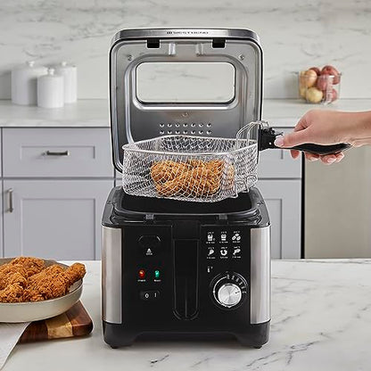 West Bend Deep Fryer with Adjustable Temperature Control Nonstick Basket Easy-View Window and Temperature Guide, Folding Handle and Locking Cover for Easy Storage, 3-Liter, Silver