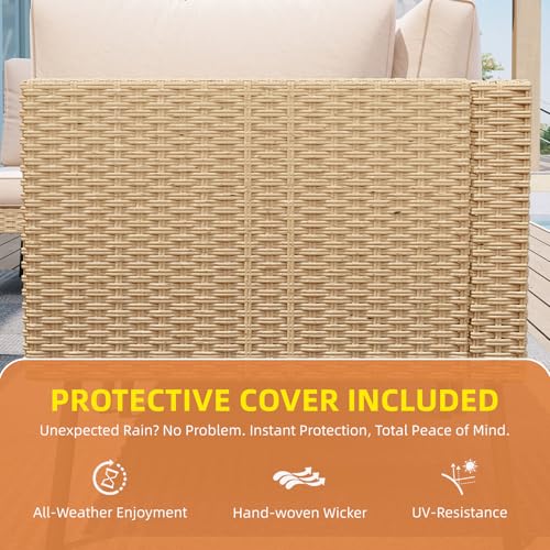 Aoxun 7-Piece Patio Furniture Set, Wicker Outdoor Furniture with Water Resistant Thick Cushions, Patio Conversation Set Outdoor Sectional Sofa with Coffee Table for Backyard Poolside, Beige