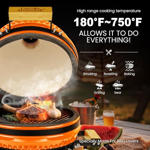 Upgraded 13 inch Ceramic Kamado Grill with Waterproof Air Vent Cap | Portable Tabletop Charcoal BBQ Grill Smoker for Outdoor Cooking, Patio, Camping | Orange
