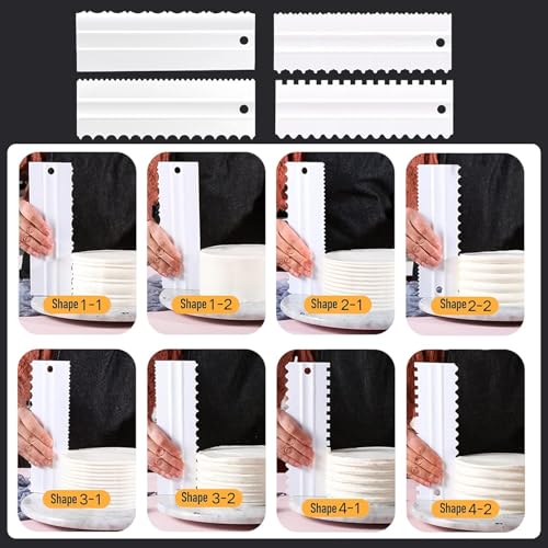 Armrouns 4 Pcs Cream Cake Scraper set, Plastic Decorating Sawtooth for baking, Sided Patterned Edge Stripe Edge Mousse Butter Cake Edge Tools Icing Smoother Kitchen Baking Cake Edge DIY Tool