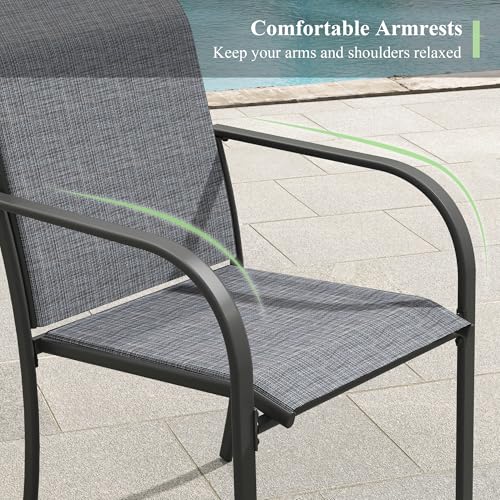 ARKOST 5 Pieces Outdoor Dining Set, Stackable Textilene Paito Chairs & 37.8" Square Dining Table with Umbrella Hole and Shelf, Patio Dining Set for Backyard, Deck, Garden, Grey & Black