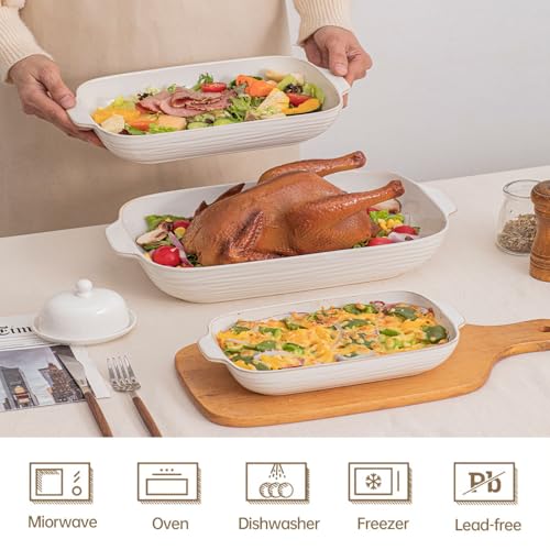 Feenmai Baking Dish for Oven, Ceramic Casserole Dishes Set for 3, Rectangular Lasagna Pan Deep, Baking Pans with Handle, 12.9“/10.8"/8.4" Bakeware Sets for Cake, Casserole, Kitchen Wedding Gifts, Arctic White
