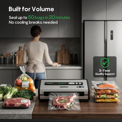 FRESKO Automatic Vacuum Sealer for Food, Hands-Free Operation Food Sealer, Continuous Seal 50 Bags in 20 Mins, Built-in Cutter & Roll Storage, Powerful Suction for Meal Prep & Bulk Food Storage
