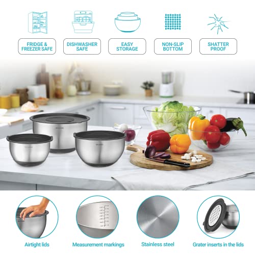 Belwares Mixing Bowls with Lids Set of 5 - Stainless Steel Mixing Bowl Set, Nesting Metal Bowls with Non Slip Bottoms + 3 Grater Attachments, Airtight Lids for Baking, Food Prep + Storage, Black
