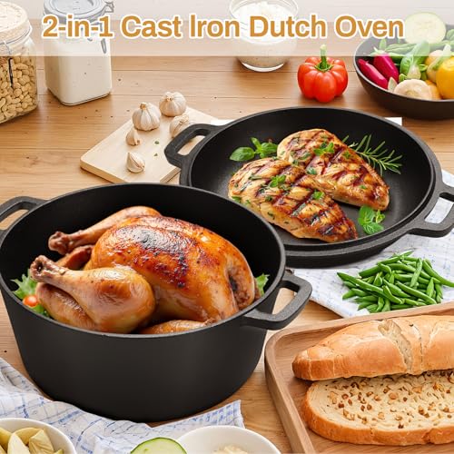 TLGREEN Cast Iron Dutch Oven Pot with Lid, Pot (6.7QT) and Lid as a Skillet(2.5QT) - Dutch Oven Cast Iron with Silicone Holders, Iron Stand, for Oven, Stove, Grill，Campfire