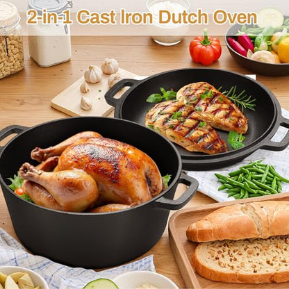 TLGREEN Cast Iron Dutch Oven Pot with Lid, Pot (6.7QT) and Lid as a Skillet(2.5QT) - Dutch Oven Cast Iron with Silicone Holders, Iron Stand, for Oven, Stove, Grill，Campfire