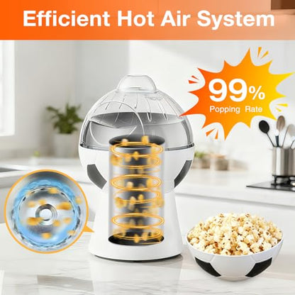 Hot Air Popcorn Maker, 1200W Electric Oil-Free One-Touch Popper with Measuring Cup & Butter Melter, BPA-Free Healthy Snack Machine for Home, Kids, Movie Night, Camping-Soccer Shaped