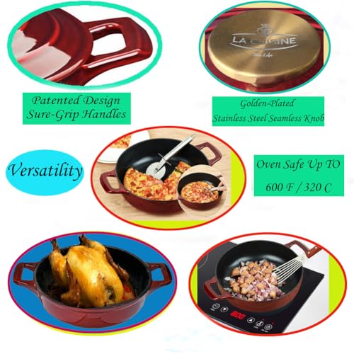 La Cuisine Enameled Cast Iron Braiser Shallow Dutch Oven Braising Sauté Pan 3.75 QT 11" Dia. Internal Matt Black Enamel Coating, Cranberry, Golden Lid Knob, Oven Safe, Induction Cooktop Compatible