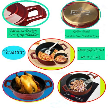 La Cuisine Enameled Cast Iron Braiser Shallow Dutch Oven Braising Sauté Pan 3.75 QT 11" Dia. Internal Matt Black Enamel Coating, Cranberry, Golden Lid Knob, Oven Safe, Induction Cooktop Compatible