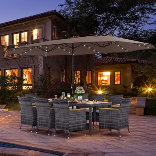 Tangkula 11 Pieces Patio Dining Set with 15 ft Double-Sided Patio LED Umbrella (Base Included), Outdoor Rattan Furniture Set with 8 Armchairs, 1 Rectangular Acacia Wood Dining Table (Tan)