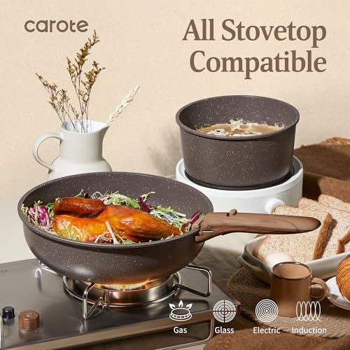 CAROTE 21PCS Pots and Pans Set Non Stick with Detachable Handle, Nonstick Cookware Sets, Cooking Kitchen Set, Oven/Dishwasher Safe, Induction Cookware, Brown, RV Kitchen Pot and Pan