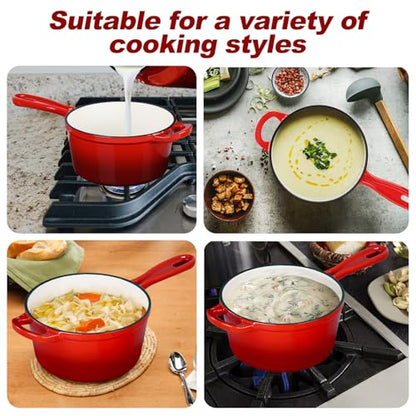 HaSteeL 2 QT Cast Iron Saucepan, Mini Enamel Dutch Oven with Lid, Small Non Stick Pan for Milk, Pasta Tomato Sauce, Butter, Breakfast, Soup, Suitable for Boiling Stewing Frying, Easy to Clean, Red