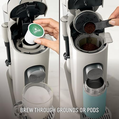 Ninja Pod and Grounds Specialty Single Serve Coffee Maker, K-Cup Pod Compatible, Brews, Compact Design, Built-in Milk Frother, 56 Ounces Reservoir, 6 Ounces Cup to 24 Ounces Mug Sizes, Stone, PB051ST