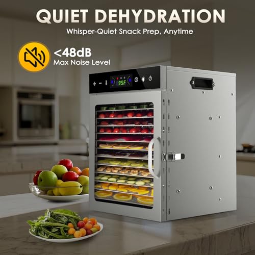 HOPERAN Food Dehydrator Machine with 12 Stainless Steel Trays – Digital Timer & Adjustable Temp Control for Jerky, Herbs, Fruits | Overheat Protection, BPA-Free, Includes Recipe Book