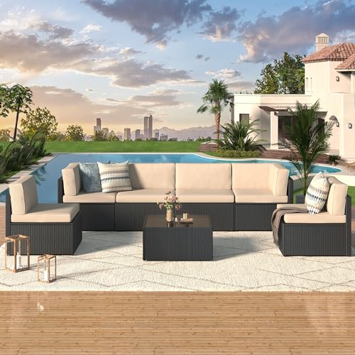 U-MAX 7 Piece Outdoor Patio Furniture Set, PE Rattan Patio Wicker Sectional Furniture Chair Set with Cushions and Tea Table, (Black Rattan&Beige Cushion)