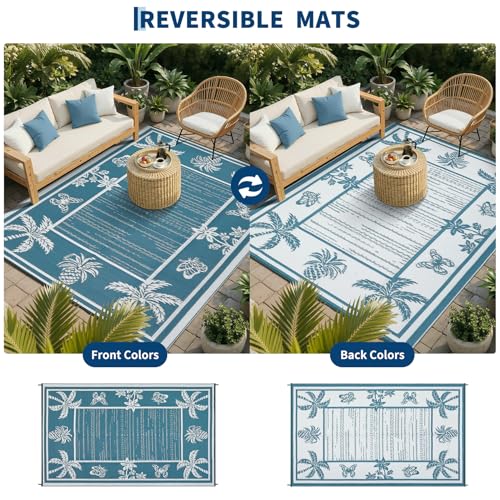 Garvee Outdoor Rug 5x8 Waterproof for Patios, Reversible Plastic Straw Rug, Tropical Leaf Indoor Outdoor Rugs, Large Area Rug for RV, Camping, Deck, Picnic Mat, Outside Carpet, Blue & White
