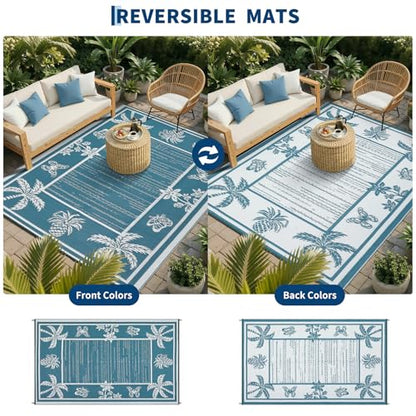 Garvee Outdoor Rug 5x8 Waterproof for Patios, Reversible Plastic Straw Rug, Tropical Leaf Indoor Outdoor Rugs, Large Area Rug for RV, Camping, Deck, Picnic Mat, Outside Carpet, Blue & White