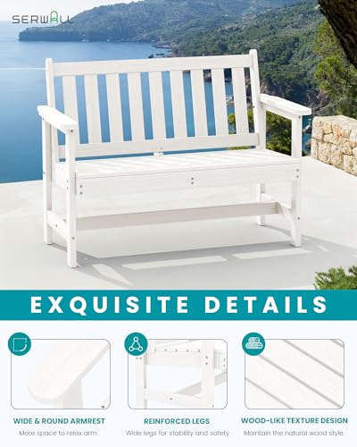 SERWALL Outdoor Bench, HDPE Outdoor Benches Weatherproof, 2-Person Garden Bench with 660 lbs Weight Capacity, Patio Benches for Outdoors, Garden, Porch, Backyard and Park, White