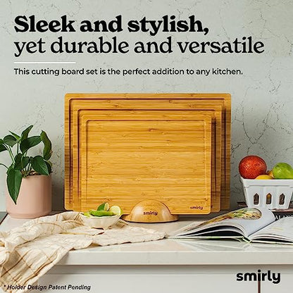 SMIRLY Wooden Cutting Boards For Kitchen - Bamboo Cutting Board Set with Holder, Wood Cutting Board Set, Cutting Board Wood, Wooden Chopping Board, Wooden Cutting Board Set