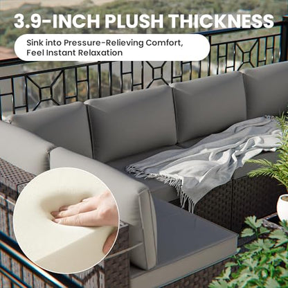 RTDTD 7 Pieces Outdoor Patio Furniture Set,Outdoor Sectional Furniture All Weather PE Rattan Wicker Patio Conversation Set with Coffee Table and 6 Thickened Cushions,Grey