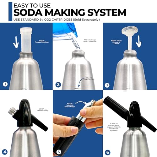ICO Soda Siphon, Sparkling Water Maker, Soda Maker, Carbonated Water Machine for Fresh Soda Water, Cocktails, Hard Seltzers, Uses 8g C02 cartridges (Not Included), 1L/1 Pint