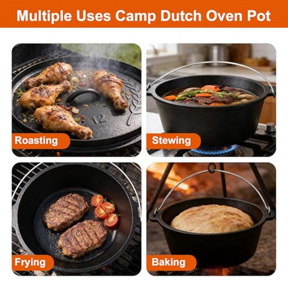 Blingco 8QT Pre-Seasoned Cast Iron Camp Dutch Oven with Lid, Large Camping Dutch Oven Pot, incl. Lid Lifter - Dual Handles - for Outdoor Campfire, Grill, Oven & Stovetop Cooking-Black