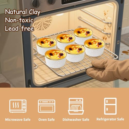 6 Sets Ramekins Oven Safe with Lids, 8 OZ Creme Brulee Ramekins Embossed Flora White Ceramic Ramekin Baking Dish for Souffle Custard Dips Soup Small Bowls for Dessert Appetizers Meal Prep Thanksgiving Christmas Gift