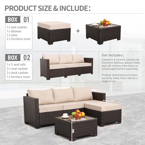 Rattan Star Patio Furniture Set 3 Piece Outdoor Sectional Sofa Set with Wicker Couch, Ottoman, Patio Table All-Weather Non-Slip Cushions and Waterproof Covers, Khaki