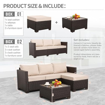 Rattan Star Patio Furniture Set 3 Piece Outdoor Sectional Sofa Set with Wicker Couch, Ottoman, Patio Table All-Weather Non-Slip Cushions and Waterproof Covers, Khaki