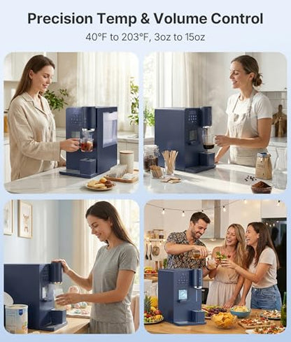 EXNOS 3-in-1 Water Dispenser with Ice Maker - Hot/Cold/Warm Water, Adjustable Water Volume, Countertop, Compact Coffee Brewer for Home & Office, Deep Navy