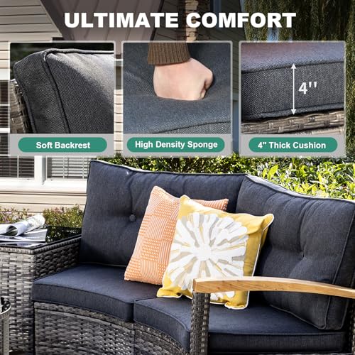 MEISSALIVVE 11-Piece Half-Moon Curved Outdoor Patio Furniture Set, Sectional Conversation Sofa with Wood Armrests, Coffee & Side Tables for Backyard Deck Garden, Grey
