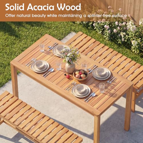 Tangkula 3 Pieces Acacia Wood Patio Dining Set, Outdoor Rectangular Table and Benches with Slatted Seats, Space-Saving Outside Furniture Set for Deck, Lawn, Garden and Backyard