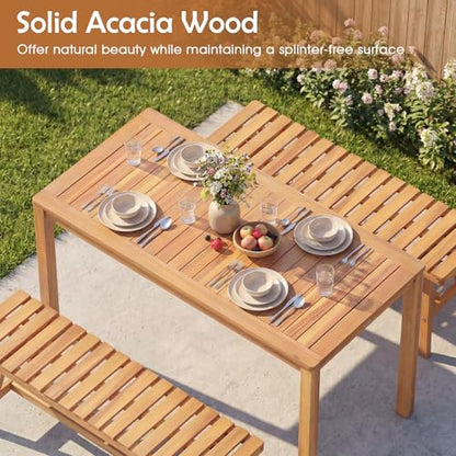 Tangkula 3 Pieces Acacia Wood Patio Dining Set, Outdoor Rectangular Table and Benches with Slatted Seats, Space-Saving Outside Furniture Set for Deck, Lawn, Garden and Backyard