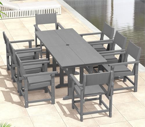 BIVODA 9-Piece Outdoor Dining Set, HDPE Weatherproof Patio Table and Chairs Set for 8, Outdoor Patio Furniture Sets with Umbrella Hole for Outside, Deck, Backyard, Garden (Grey)