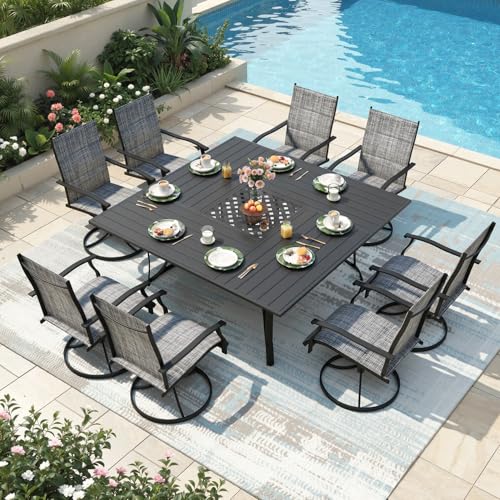 DSNAPE 9 Pieces Patio Table and Chairs Set, 59.6" Square Dining Table with Umbrella Hole, 8 High Back Textilene Swivel Chairs,Dining Table Set for 8,Outdoor Furniture for Porch Deck Yard Balcony, Grey