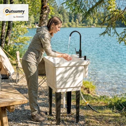 Outsunny 23-Gallon Utility Sink Laundry Tub for Washing Room, Freestanding Laundry Sink with Soap Dispenser, Faucet, Inlet and Drain Hoses, Portable Utility Tub for Indoor & Outdoor, White