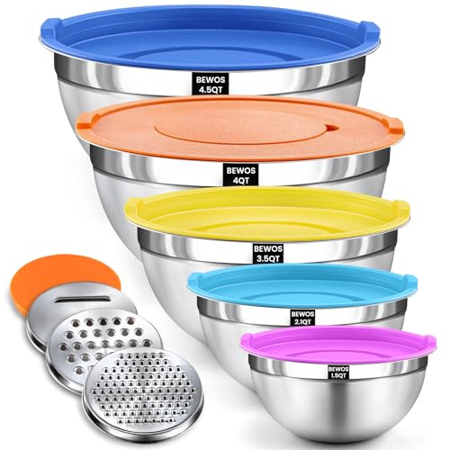 BEWOS Mixing Bowls with Lids Set - 5 Pcs Stainless Steel Mixing Bowls With 3 Grater Attachments, Size 4.5, 4, 3.5, 2.1, 1.5QT Metal Bowls for Baking and Serving (Colored)