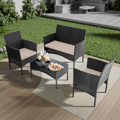 RTDTD 4 Pieces Patio Furniture Set Outdoor Conversation Set Rattan Furniture Set Wicker Chairs and Sofa with Glass Table for Porch Pool Backyard Garden Sand