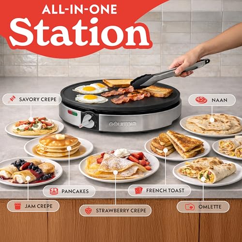Gourmia 12” Crepe Maker – Nonstick Electric Griddle for Pancakes, Omelets & More, Precise Temp Control with Indicator Lights, Includes Spatula & Batter Spreader, Quick Cleanup, Stainless Steel Trim