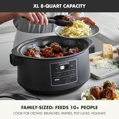 GreenPan 8QT Locking Lid Slow Cooker, Ceramic Nonstick PFAS-Free Removeable Bowl, Silicone & Glass Rim, Travel Friendly, Multi-Cooker, Stovetop Searing & Oven Safe 400°F Dishwasher Safe Parts,Graphite