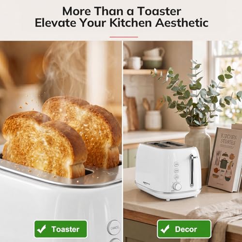 Keenstone 2 Slice Toaster, Retro Stainless Steel Kitchen Essentials, White