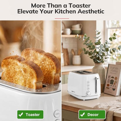 Keenstone 2 Slice Toaster, Retro Stainless Steel Kitchen Essentials, White