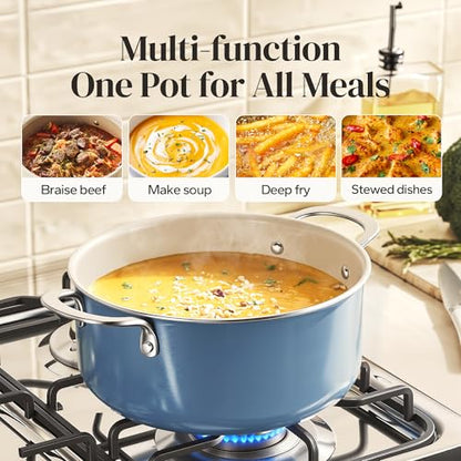 Redchef Ceramic Stock Pot, Induction Cooking Pot with Glass Lid for Soup, 5Qt Stockpot Nonstick Soup Pot, Even Heating, Stay-Cool Handles,Fits All Stoves, Oven/Dishwasher Safe, PFAS Free (Blue)