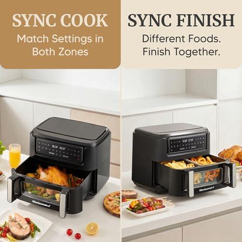Elite Gourmet Dual Zone Air Fryer Oven 11QT, Dual Basket Air Fryer with Divider, Sync Finish & Sync Cook, PFAS Free Nonstick, 10 Presets, Air Fry Bake Roast Broil Toast Dehydrate, 1600W Black