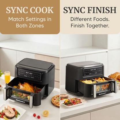 Elite Gourmet Dual Zone Air Fryer Oven 11QT, Dual Basket Air Fryer with Divider, Sync Finish & Sync Cook, PFAS Free Nonstick, 10 Presets, Air Fry Bake Roast Broil Toast Dehydrate, 1600W Black